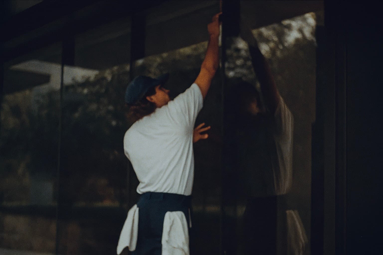 Friday's cleaning a window with a dog nearby